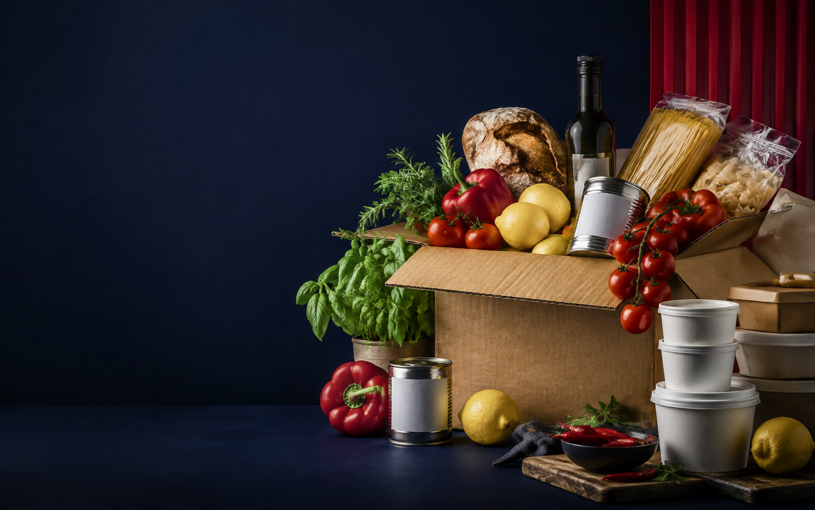 Fresh ingredients and catering supplies arranged for professional kitchens